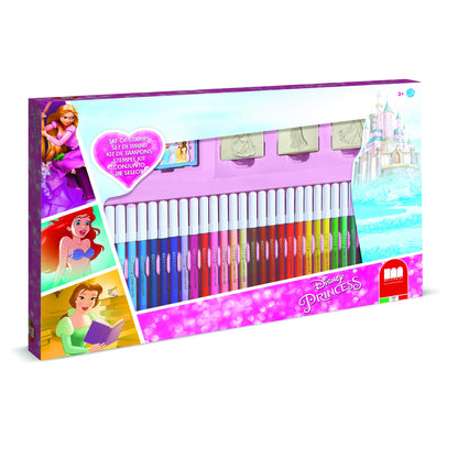Multiprint 3 Stamps for Children and 36 Colored Pens Disney Princess Made in Italy Children Stamp Set Wooden Natural Rubber Washable Ink Non-toxic Gift Idea 57660
