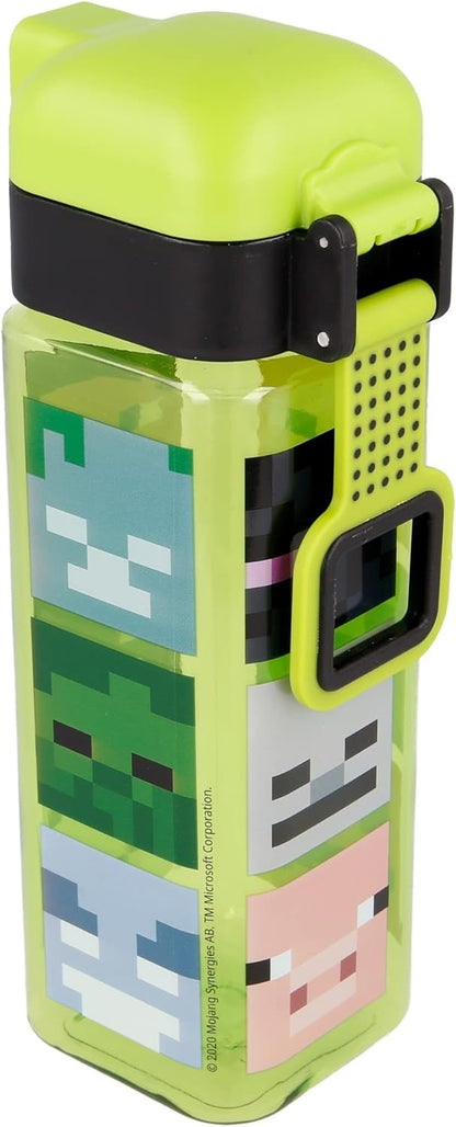 Minecraft | Kinder wiederverwendbare Flasche mit Anti-Tropf-System und Tragegriff - einfache Push-Button-Öffnung - Bpa frei - leichtes und langlebiges Material - Kapazität 550 ml