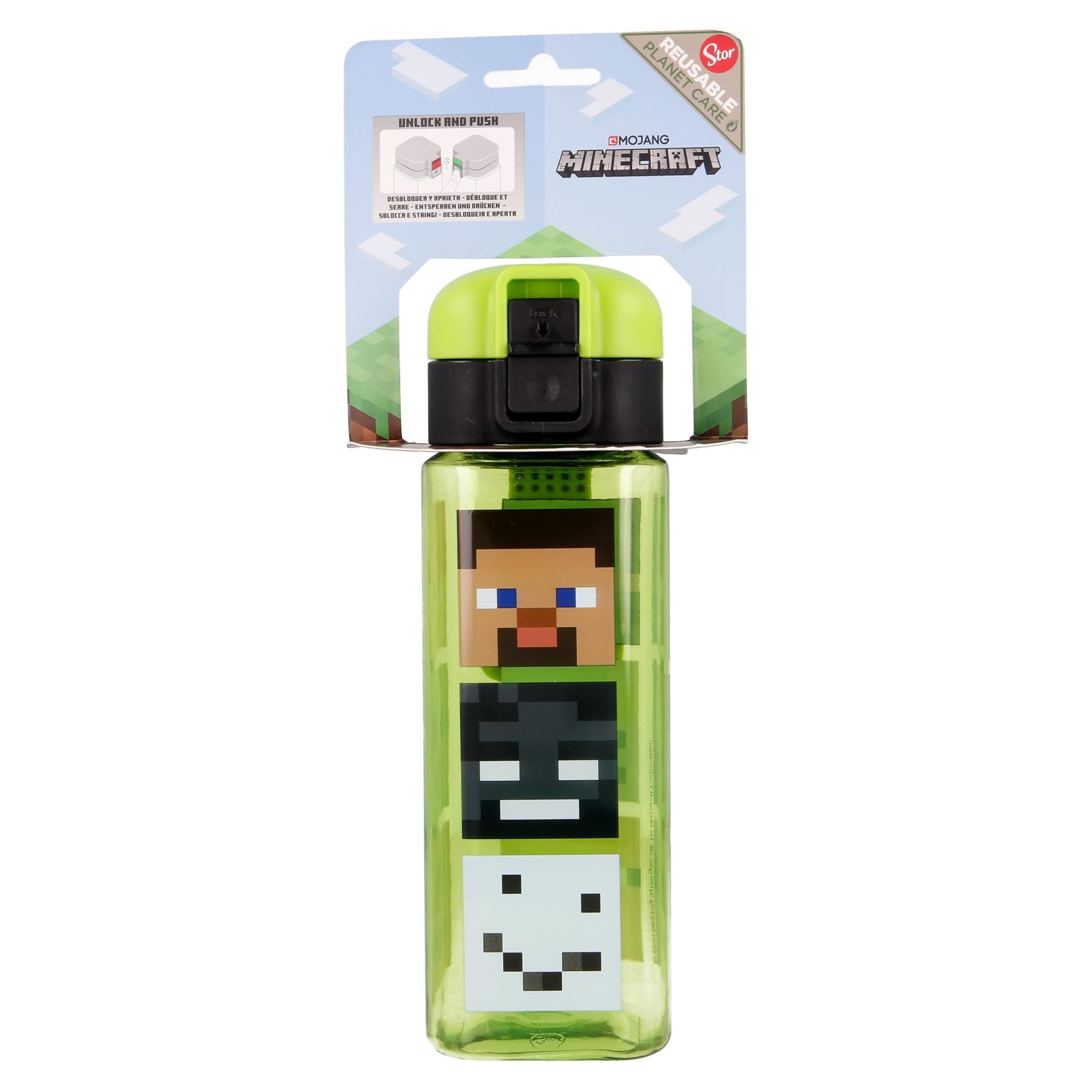 Minecraft | Kinder wiederverwendbare Flasche mit Anti-Tropf-System und Tragegriff - einfache Push-Button-Öffnung - Bpa frei - leichtes und langlebiges Material - Kapazität 550 ml