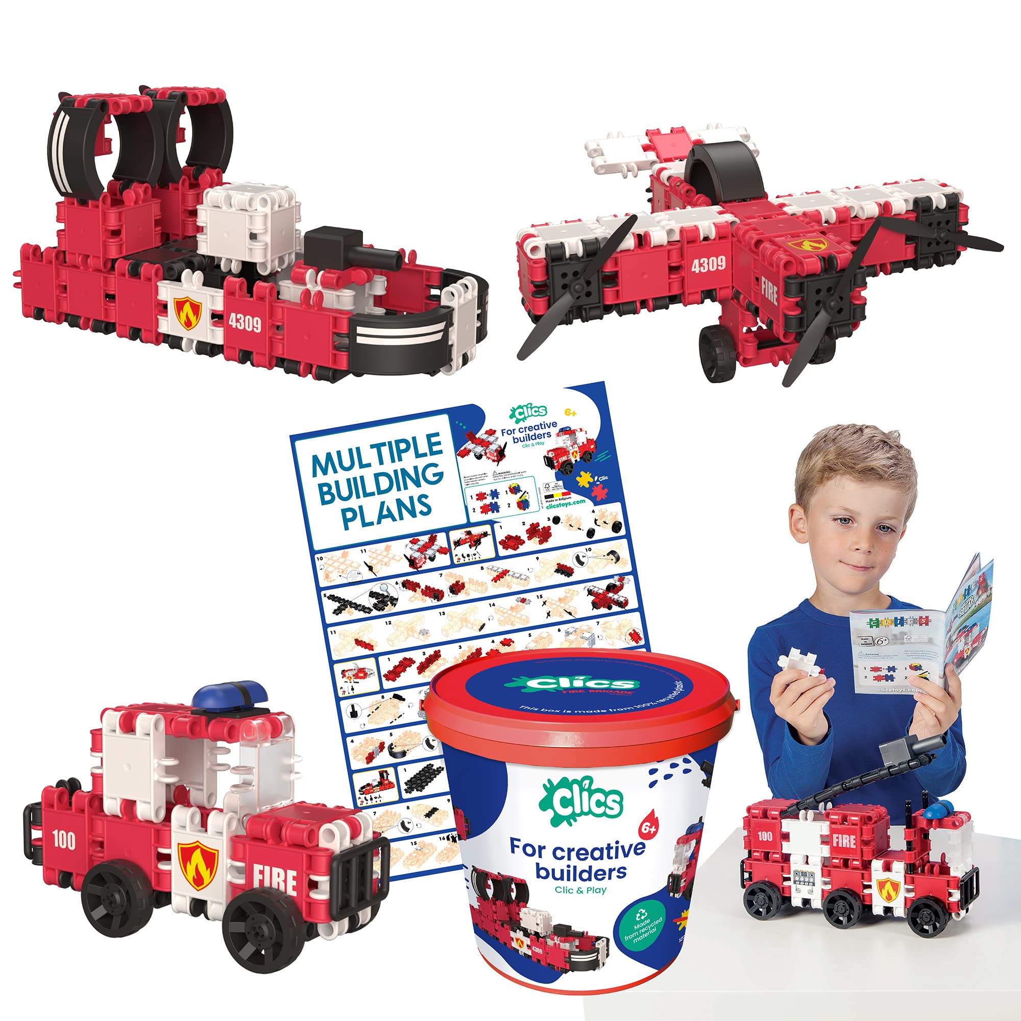 Clics Fire Edition construction toy for children from 3 years, creative educational toy in a 127 piece set, building blocks for girls and boys, Montessori STEM toys, durable toys