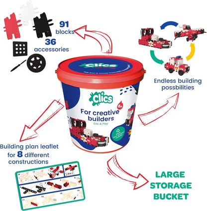 Clics Fire Edition construction toy for children from 3 years, creative educational toy in a 127 piece set, building blocks for girls and boys, Montessori STEM toys, durable toys