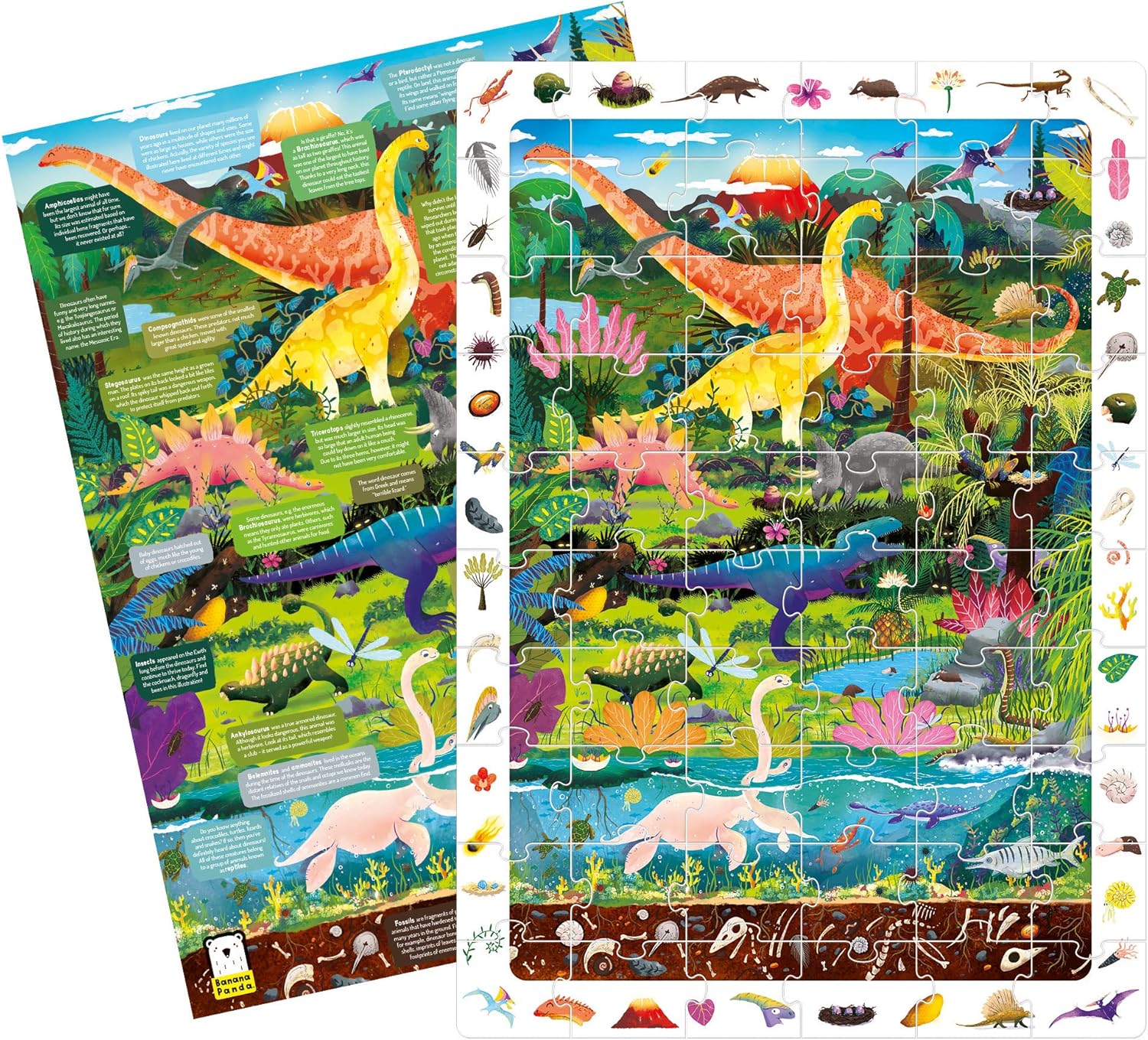 Banana Panda Dinosaur Puzzle - Large 60-Piece Observation Floor Puzzle with Seek and Find Activity, Includes Educational Poster with Dino Facts for Added Learning, for Kids Ages 4 Years and up