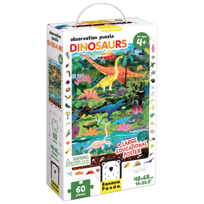 Banana Panda Dinosaur Puzzle - Large 60-Piece Observation Floor Puzzle with Seek and Find Activity, Includes Educational Poster with Dino Facts for Added Learning, for Kids Ages 4 Years and up