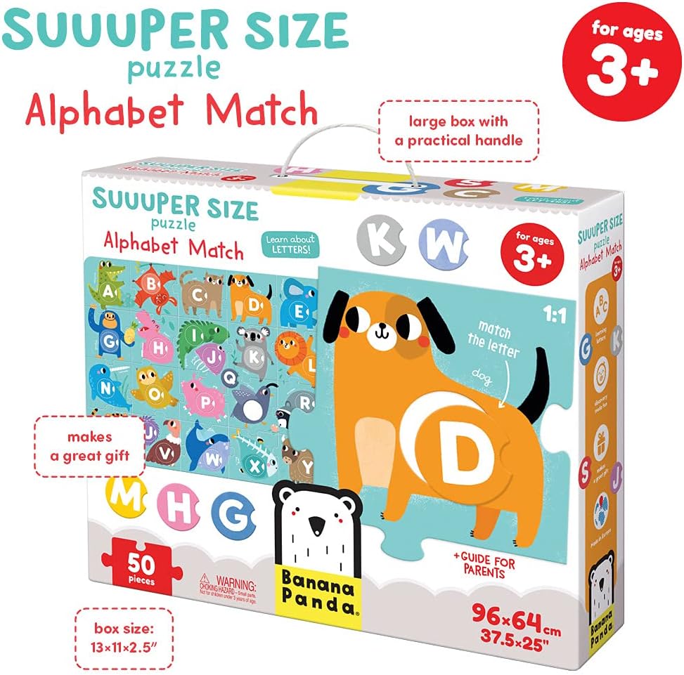 Banana Panda Suuuper Size Alphabet Match Puzzle - Large 50-Piece Floor Puzzle Includes Round Matching Elements for Learning ABCs and Animals, for Kids Ages 3-5 Years