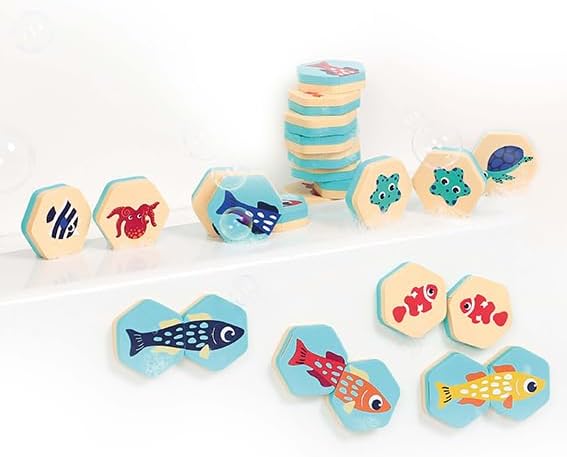 Ludi - Badgeheugen - 2-in-1 - Montageset voor paren van dieren en puzzels - Vanaf 18 maanden - 24 stuks van waterdicht schuim - Inclusief opbergpot - Zeethema