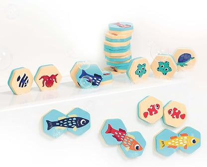 Ludi - Badgeheugen - 2-in-1 - Montageset voor paren van dieren en puzzels - Vanaf 18 maanden - 24 stuks van waterdicht schuim - Inclusief opbergpot - Zeethema