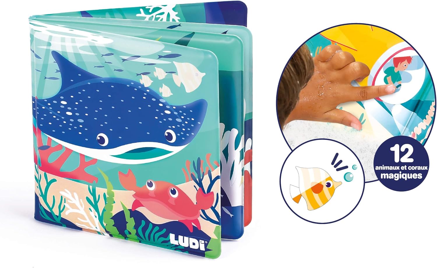 Ludi - Magisch badboek - 12 zeedieren en koralen - te ontdekken bij contact met water - Vanaf 10 maanden - Ontdekking, fijne motoriek en reflectie - Zeethema
