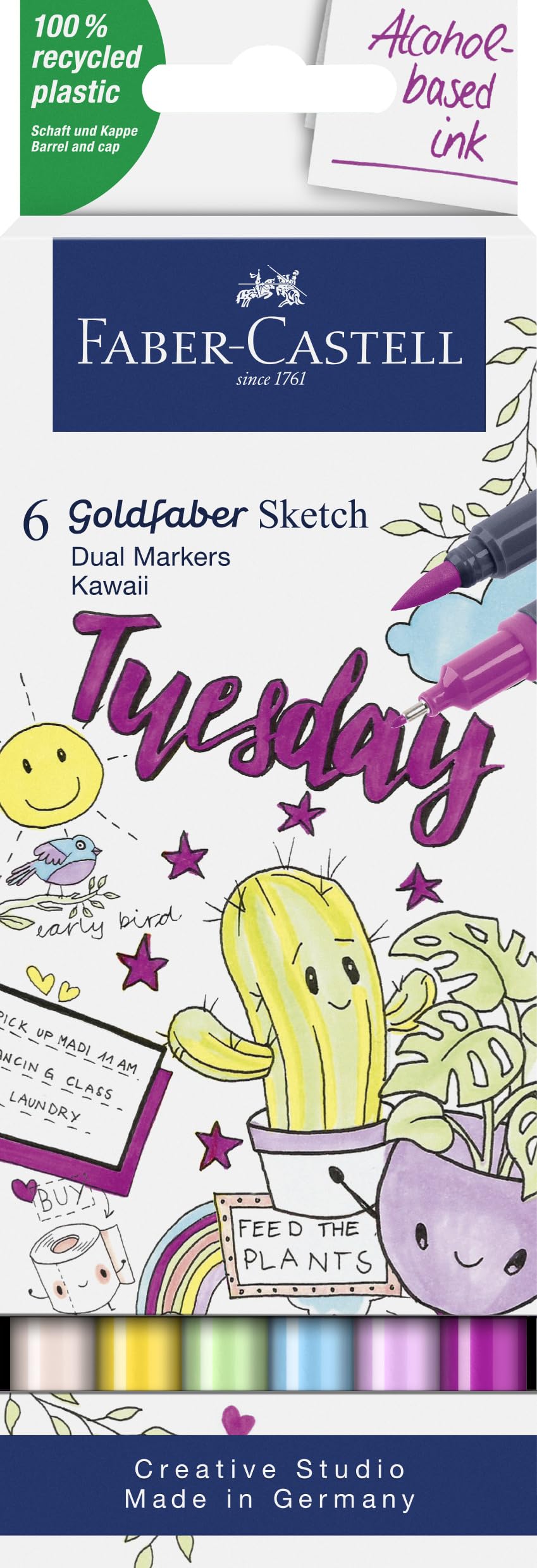 Faber-Castell 164811 - Goldfaber Sketch Marker Kawaii, 6 stuks etui alcohol marker met penseelpunt en fineliner punt Kawaii 6 stück (1er Pack)