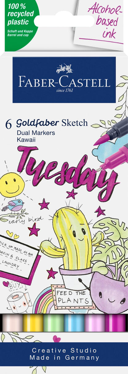Faber-Castell 164811 - Goldfaber Sketch Marker Kawaii, 6 stuks etui alcohol marker met penseelpunt en fineliner punt Kawaii 6 stück (1er Pack)