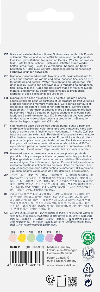 Faber-Castell 164811 - Goldfaber Sketch Marker Kawaii, 6 stuks etui alcohol marker met penseelpunt en fineliner punt Kawaii 6 stück (1er Pack)