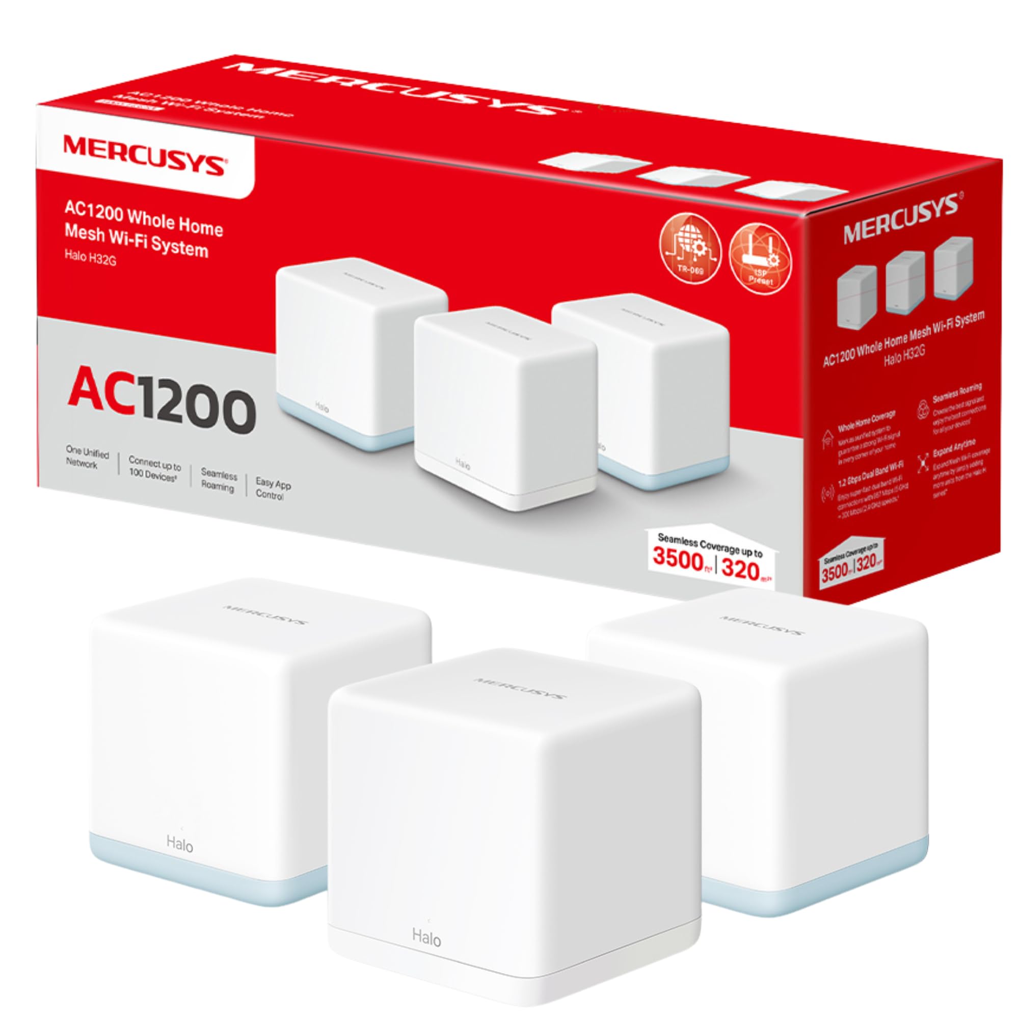 Mercusys AC1200 Whole Home Mesh Wi-Fi System | WiFi Mesh Coverage up to 3,500 ft² | Connect over 100 Devices | Dual Band Wi-Fi | Easy App Control | Halo H32G(3-pack)