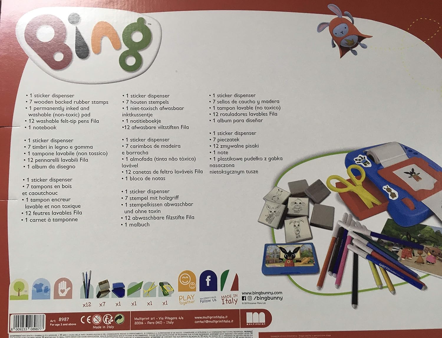 Multiprint 08987 stempelmachine voor stickers, gemaakt in Italië, 7 stempels, album met viltstiften, stempelset voor kinderen, van hout en natuurlijk rubber, wasbare inkt, niet giftig, cadeau-idee