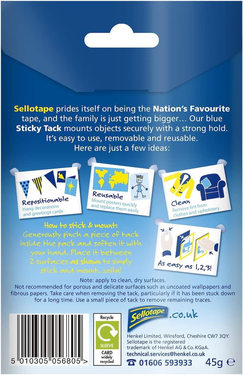 Sellotape 1792402 Sticky Tack for Home & Office, Reusable Adhesive, Stationery,Craft & Office Supplies,Poster Putty to hang Photos, Cards & More,1 x 45g,blue (Pack of 2