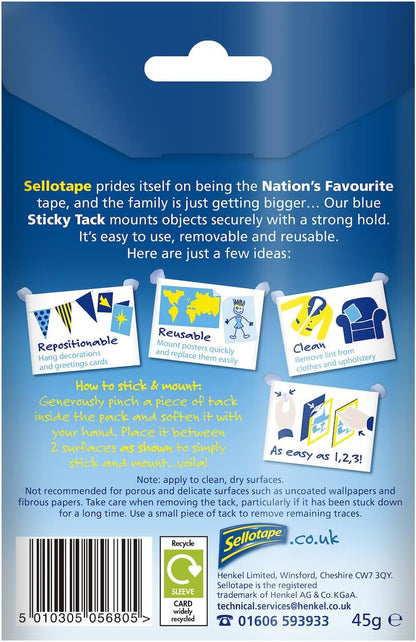 Sellotape 1792402 Sticky Tack for Home & Office, Reusable Adhesive, Stationery,Craft & Office Supplies,Poster Putty to hang Photos, Cards & More,1 x 45g,blue (Pack of 2
