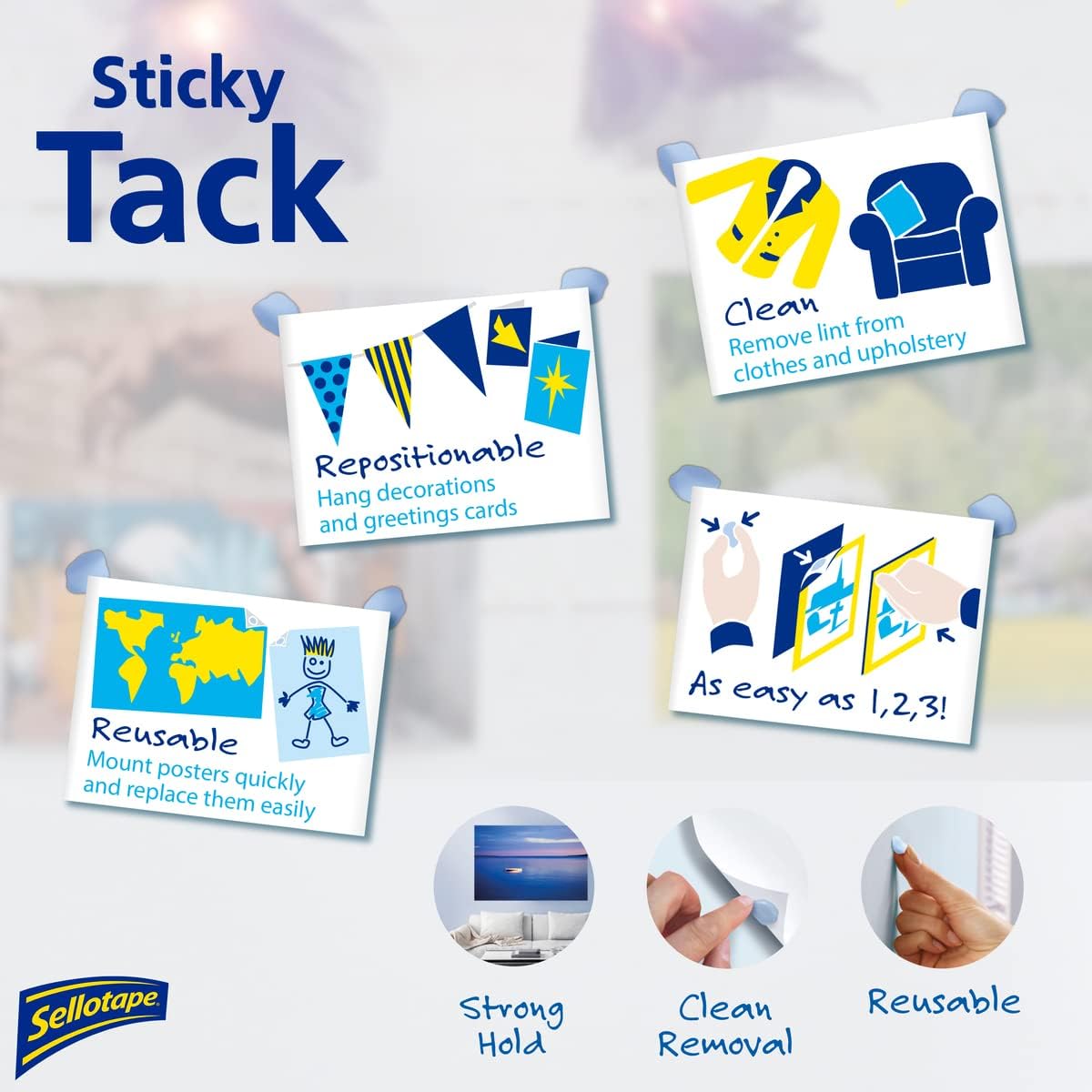 Sellotape 1792402 Sticky Tack for Home & Office, Reusable Adhesive, Stationery,Craft & Office Supplies,Poster Putty to hang Photos, Cards & More,1 x 45g,blue (Pack of 2