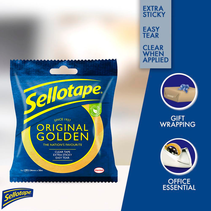 Sellotape Original Golden, Multi-Purpose Clear Tape for Household Objects, Clear Packing Tape for Sticking Envelopes or Cards, Easy to Use Packaging Tape, 24mmx50m