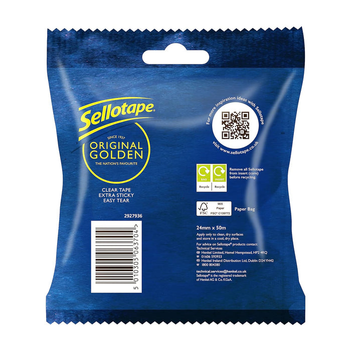 Sellotape Original Golden, Multi-Purpose Clear Tape for Household Objects, Clear Packing Tape for Sticking Envelopes or Cards, Easy to Use Packaging Tape, 24mmx50m