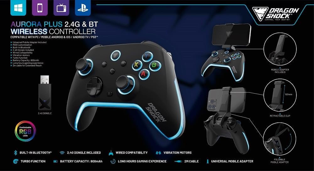 DragonShock - AURORA PLUS - Wireless Controller Black with Mobile Adapter for PS3, PC, Android and IOS