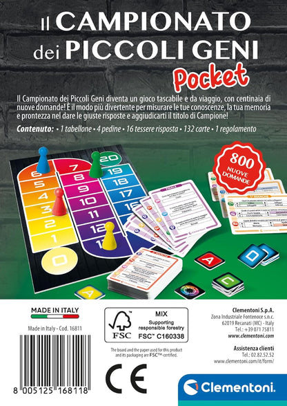 Clementoni - 16811 - Il Campionato dei Piccoli Geni Pocket - Quiz, Mazzo Di Carte Da Gioco Bambini 8 Anni, Gioco Da Tavolo, Gioco Di Società Famiglie, 2-4 Giocatori, In Italiano, Made In Italy