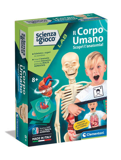 Clementoni - Science Lab - The Human Body Anatomy, Model Skeleton and Organs to Assemble, Scientific Game 8 Years, App Augmented Reality, in Italian, Made in Italy,