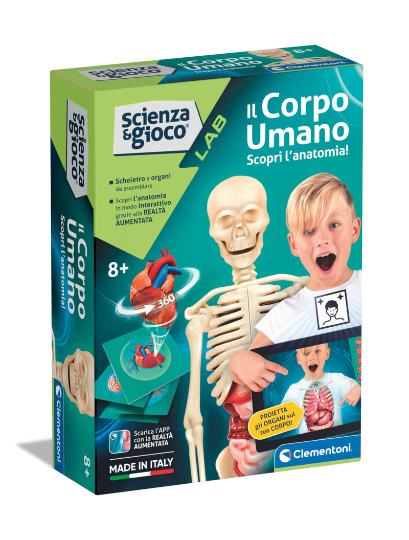 Clementoni - Science Lab - The Human Body Anatomy, Model Skeleton and Organs to Assemble, Scientific Game 8 Years, App Augmented Reality, in Italian, Made in Italy,