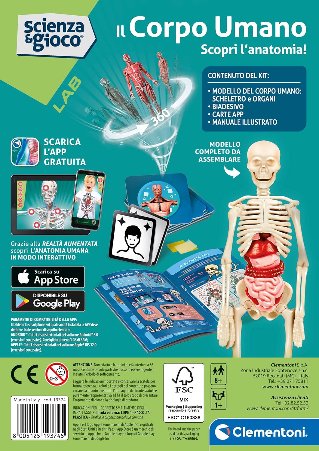 Clementoni - Science Lab - The Human Body Anatomy, Model Skeleton and Organs to Assemble, Scientific Game 8 Years, App Augmented Reality, in Italian, Made in Italy,