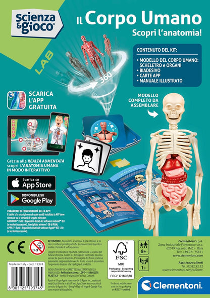Clementoni - Science Lab - The Human Body Anatomy, Model Skeleton and Organs to Assemble, Scientific Game 8 Years, App Augmented Reality, in Italian, Made in Italy,