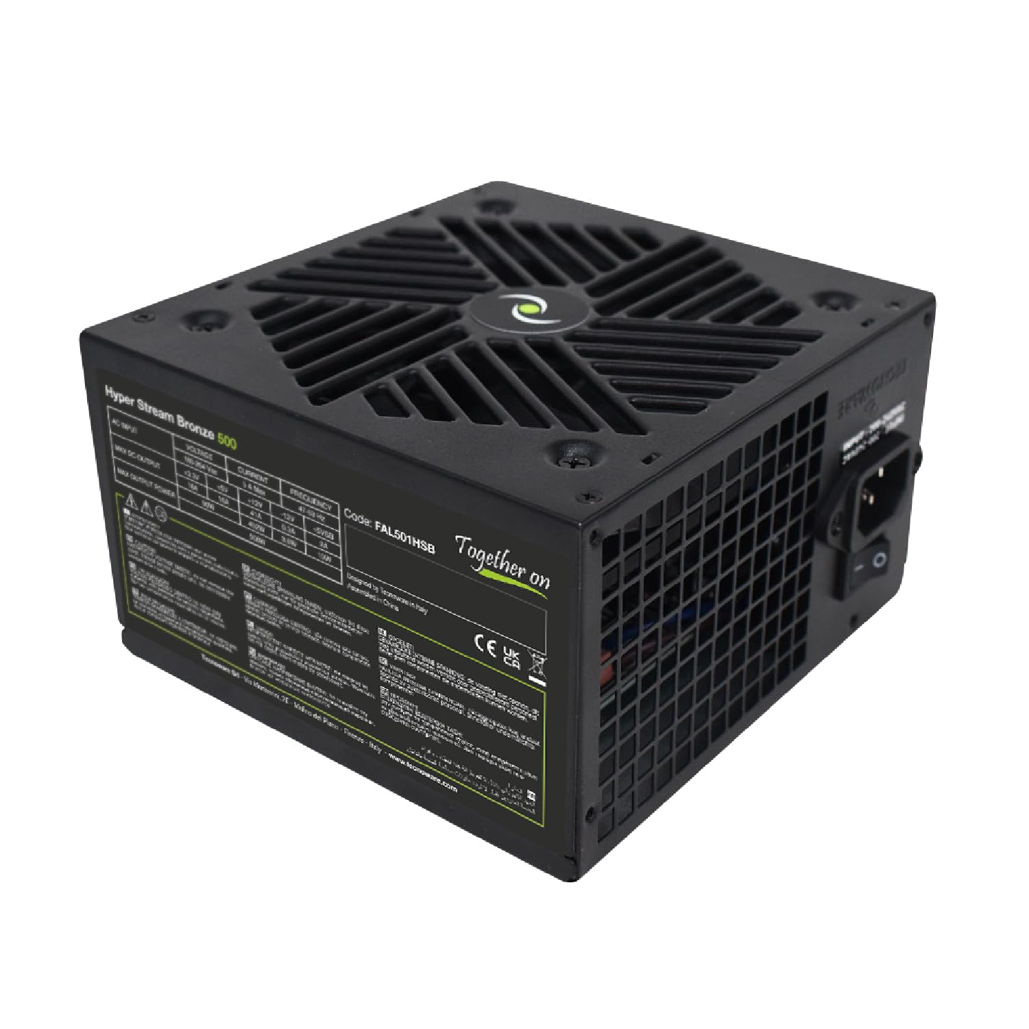 Tecnoware ATX Hyper Stream Bronze 500W Power Supply for PC, 4.7 Inch Silent Fan, 1 Conector 20+4 poles, 1 conector 12V 4+4 poles, 2 conectores 6+2 PCI-E, 2 conectors molex, 4 conectores Sata