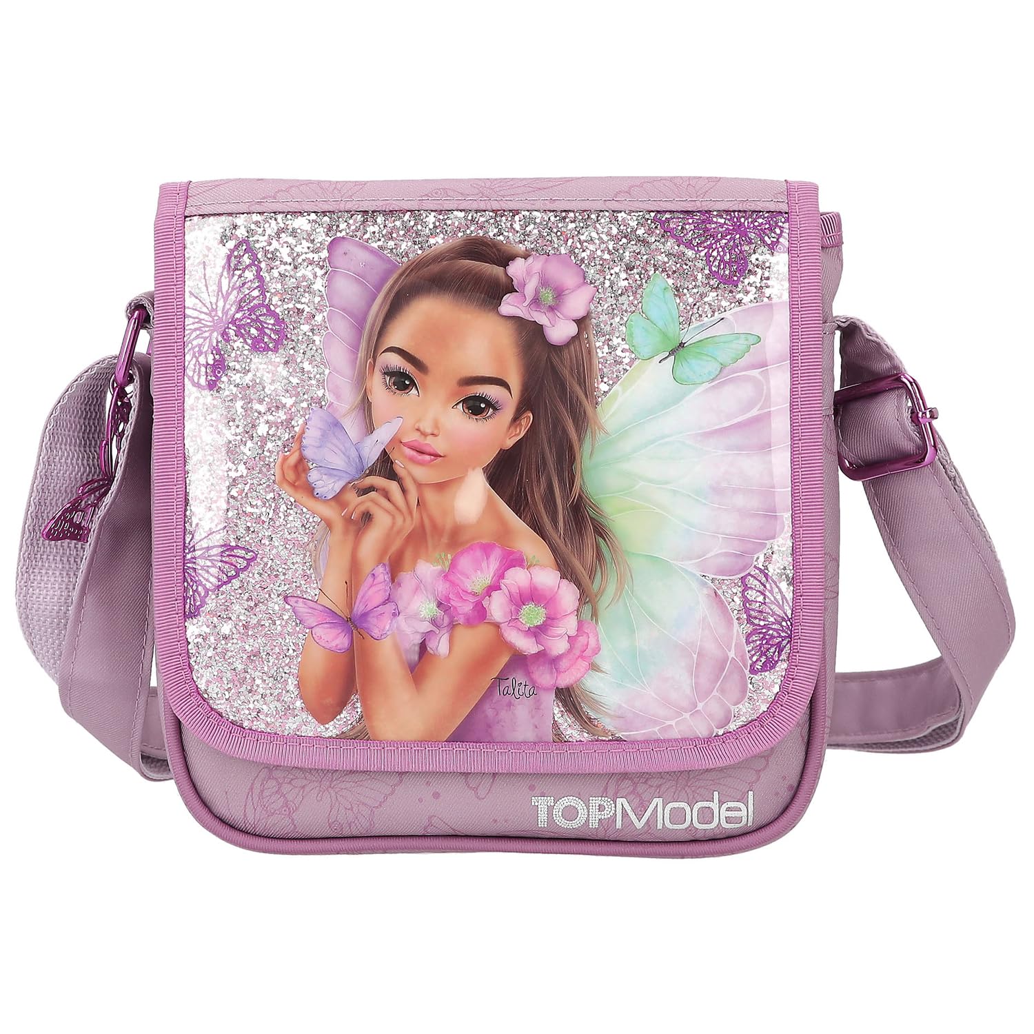 Depesche TOPModel Fairy Love 12778 Small Shoulder Bag in Mauve with Model Motif and Butterflies, Bag with Adjustable Shoulder Strap and Front Flap