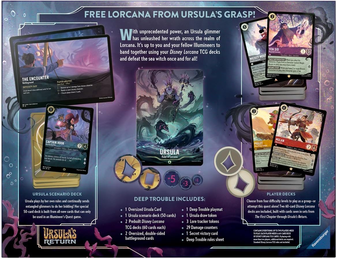 Ravensburger 11098356 Disney Lorcana Trading Card Game for Adults and Kids 8 Years Up-Deep Trouble Gift Pack-Set 4: Ursula's Return-Collectable TCG, Multicolour, One Size