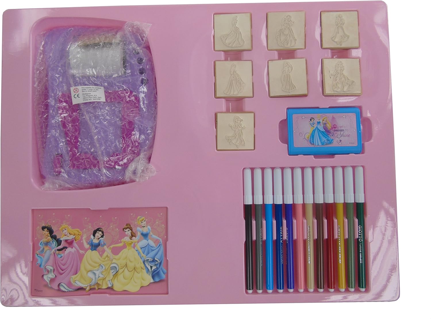 Multiprint Stickers Machine Disney Princess, Made in Italy, 7 Stamps, Album with Pens, Stamps for Children, in Wood and Natural Rubber, Non-toxic Washable Ink, Gift Idea, art.08660