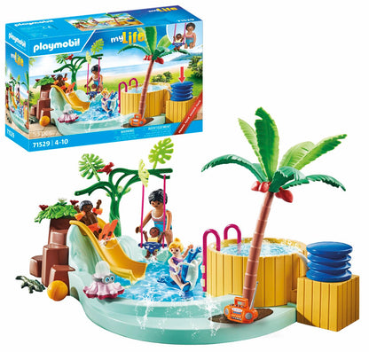 PLAYMOBIL 71529 myLife Promo Pack: Children's pool with whirlpool, water fun in the paddling pool, including wave slide, spring rocker, and baby swing, detailed play sets suitable for children ages 4+