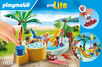 PLAYMOBIL 71529 myLife Promo Pack: Children's pool with whirlpool, water fun in the paddling pool, including wave slide, spring rocker, and baby swing, detailed play sets suitable for children ages 4+