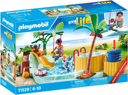 PLAYMOBIL 71529 myLife Promo Pack: Children's pool with whirlpool, water fun in the paddling pool, including wave slide, spring rocker, and baby swing, detailed play sets suitable for children ages 4+