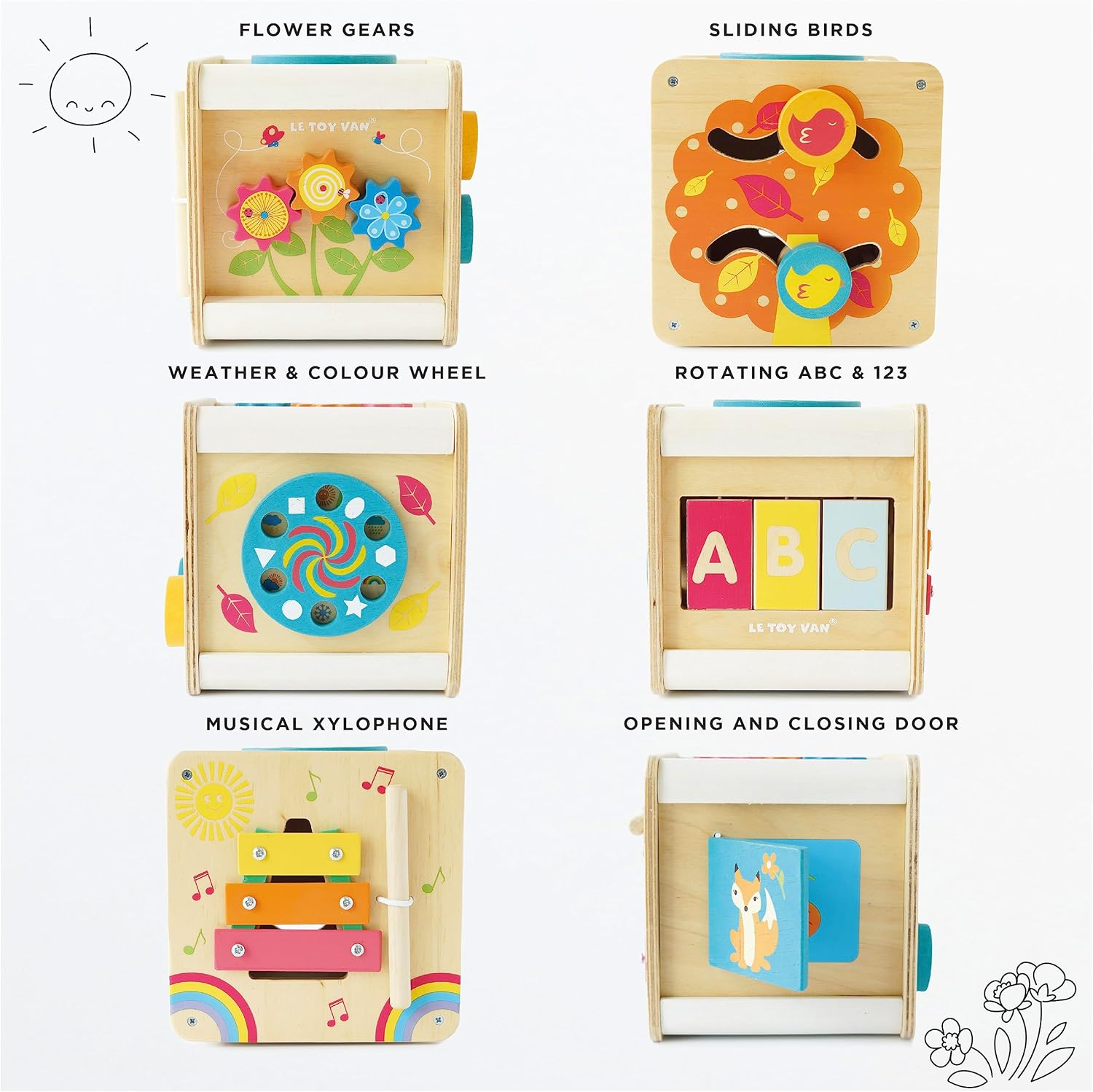 Le Toy Van - Wooden Educational Petilou Multi-Sensory Activity Cube With Spinning Wheel | Suitable For Boy Or Girl 1 Year Old +