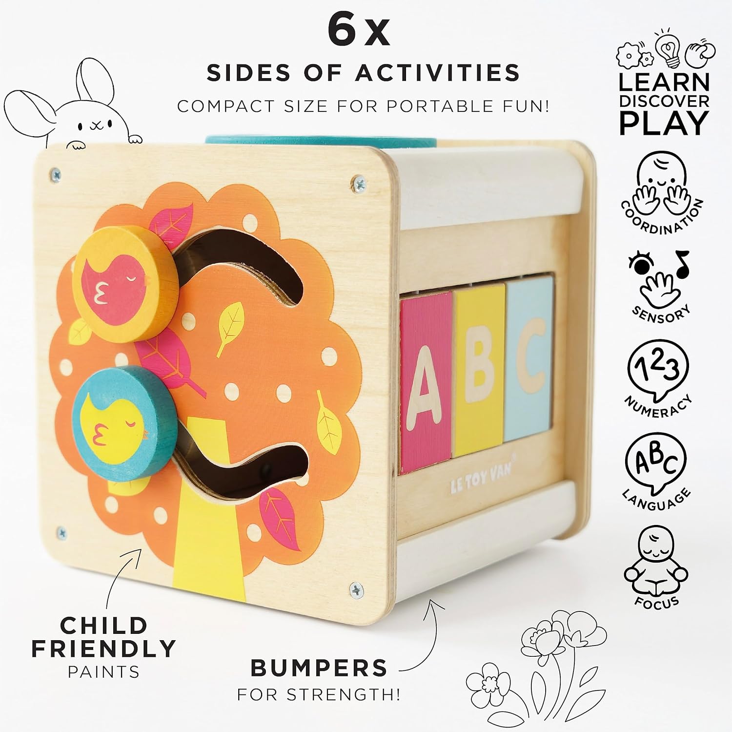 Le Toy Van - Wooden Educational Petilou Multi-Sensory Activity Cube With Spinning Wheel | Suitable For Boy Or Girl 1 Year Old +