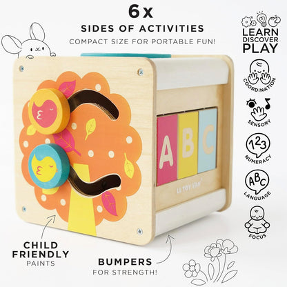 Le Toy Van - Wooden Educational Petilou Multi-Sensory Activity Cube With Spinning Wheel | Suitable For Boy Or Girl 1 Year Old +
