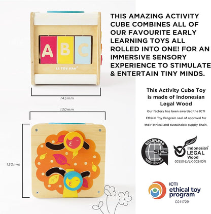 Le Toy Van - Wooden Educational Petilou Multi-Sensory Activity Cube With Spinning Wheel | Suitable For Boy Or Girl 1 Year Old +