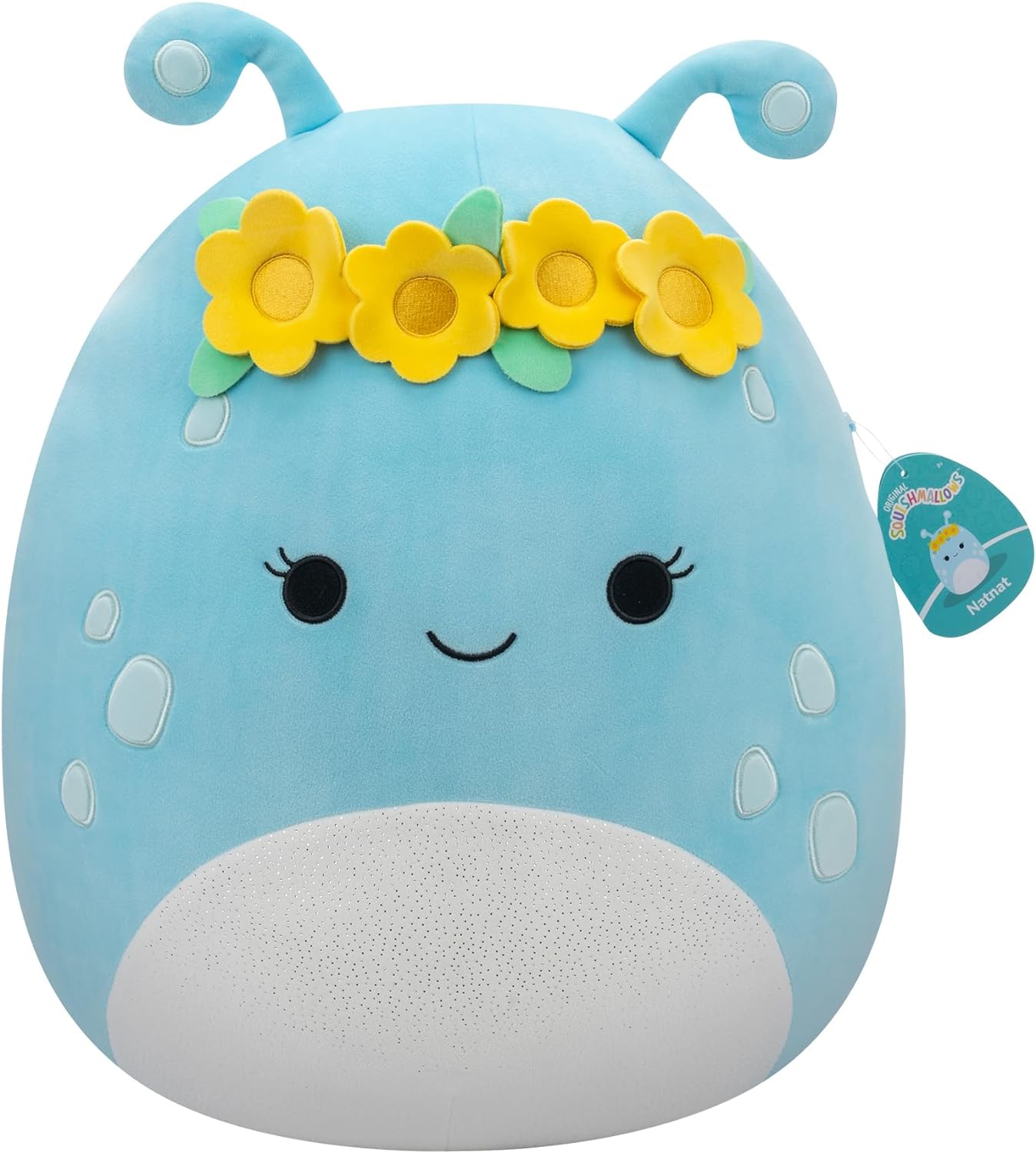 Squishmallows SQCR05479 16-Inch-Natnat The Pastel Blue Alien with Flower Crown, Multicolour