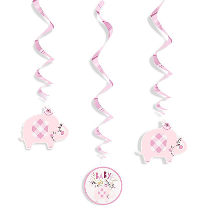 Charming Pink Floral Elephant Hanging Swirl Decorations (66cm) - Perfect for Baby Shower, Nursery, or Celebrations - 3ct