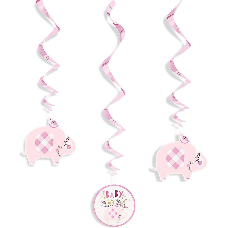 Charming Pink Floral Elephant Hanging Swirl Decorations (66cm) - Perfect for Baby Shower, Nursery, or Celebrations - 3ct