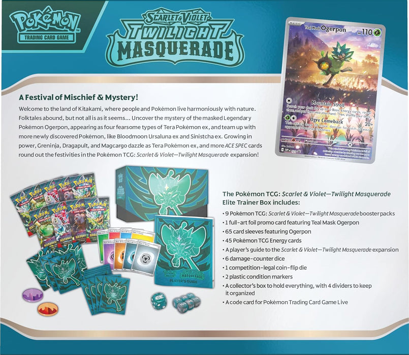 Pokémon TCG: Scarlet & Violet—Twilight Masquerade Elite Trainer Box (1 Full-Art Teal Mask Ogerpon Promo Card, 9 Boosters & Premium Accessories