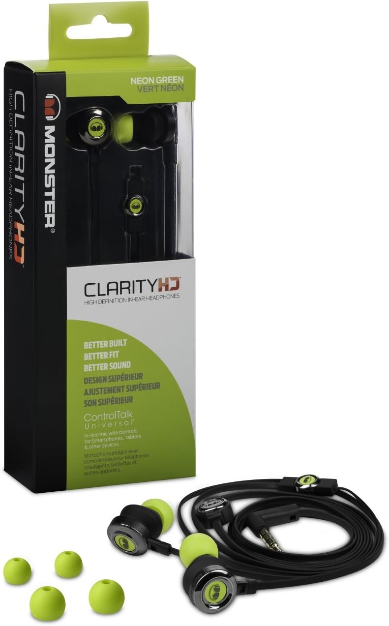 Monster Clarity HD High Definition In-Ear Headphones - Noise Isolating In-Ear - Neon Green