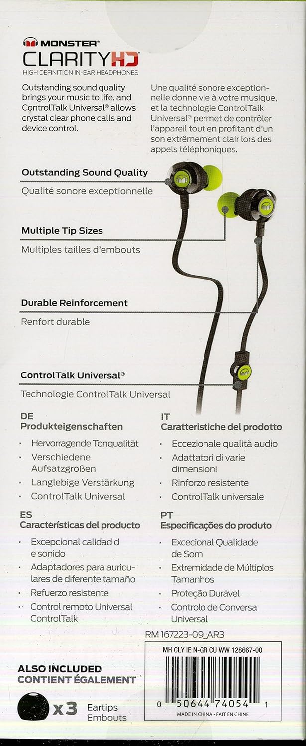 Monster Clarity HD High Definition In-Ear Headphones - Noise Isolating In-Ear - Neon Green