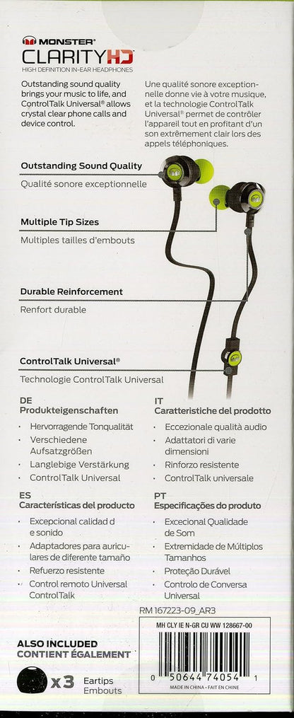 Monster Clarity HD High Definition In-Ear Headphones - Noise Isolating In-Ear - Neon Green