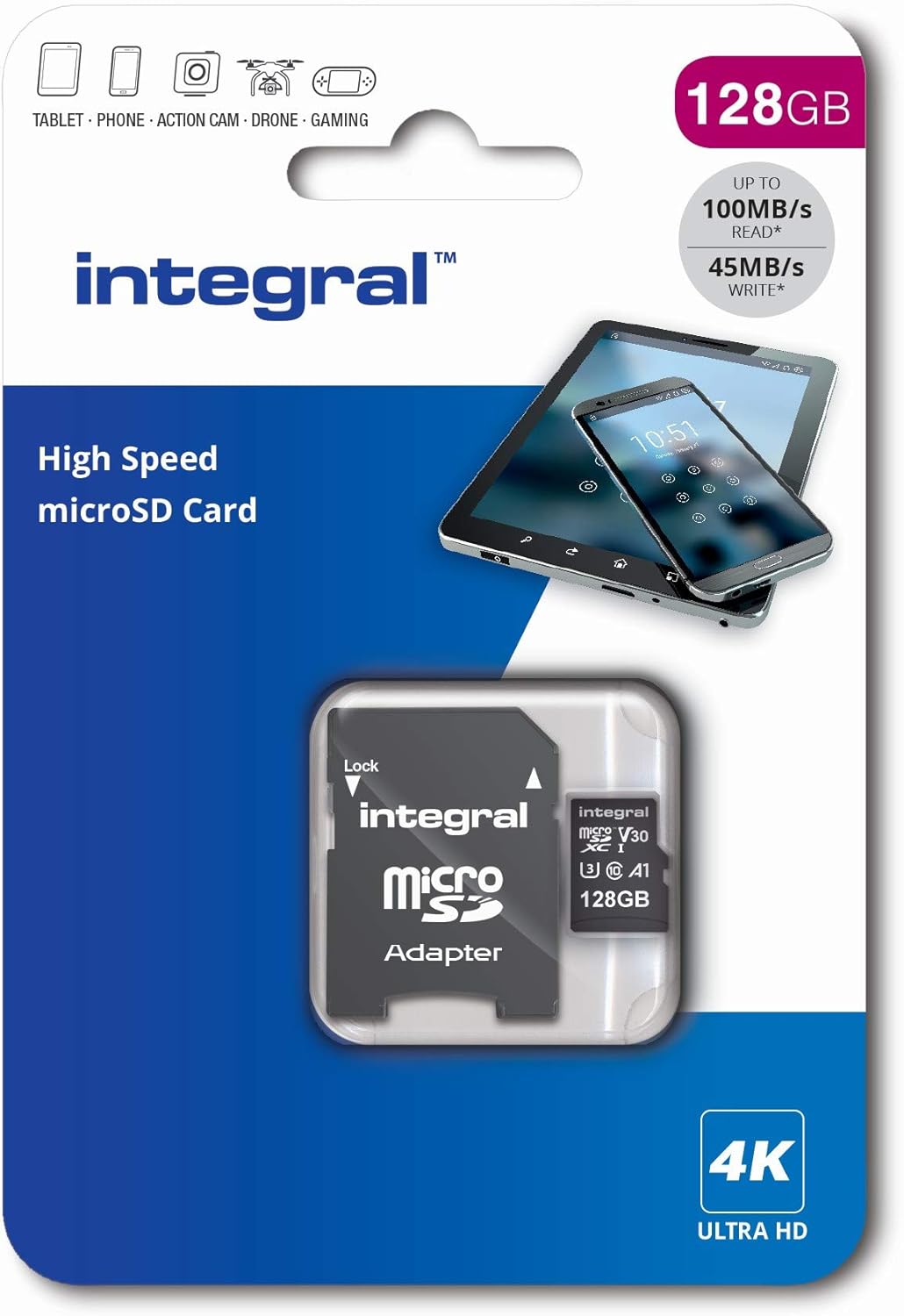 Integral 128GB UHS-1 U3 CL10 V30 100MB/s 4K Video MicroSDXC Memory Card