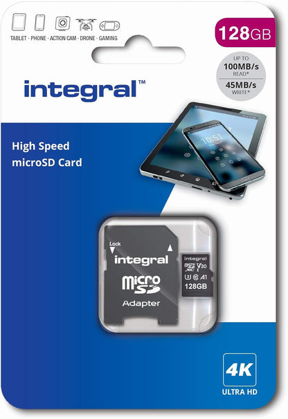 Integral 128GB UHS-1 U3 CL10 V30 100MB/s 4K Video MicroSDXC Memory Card