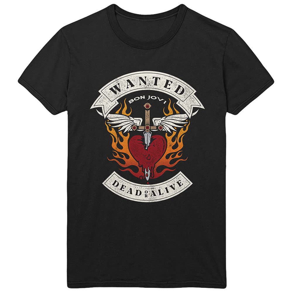 Bon Jovi T Shirt Wanted Dead Or Alive Flames Band Logo New Official Men's Black Size XL