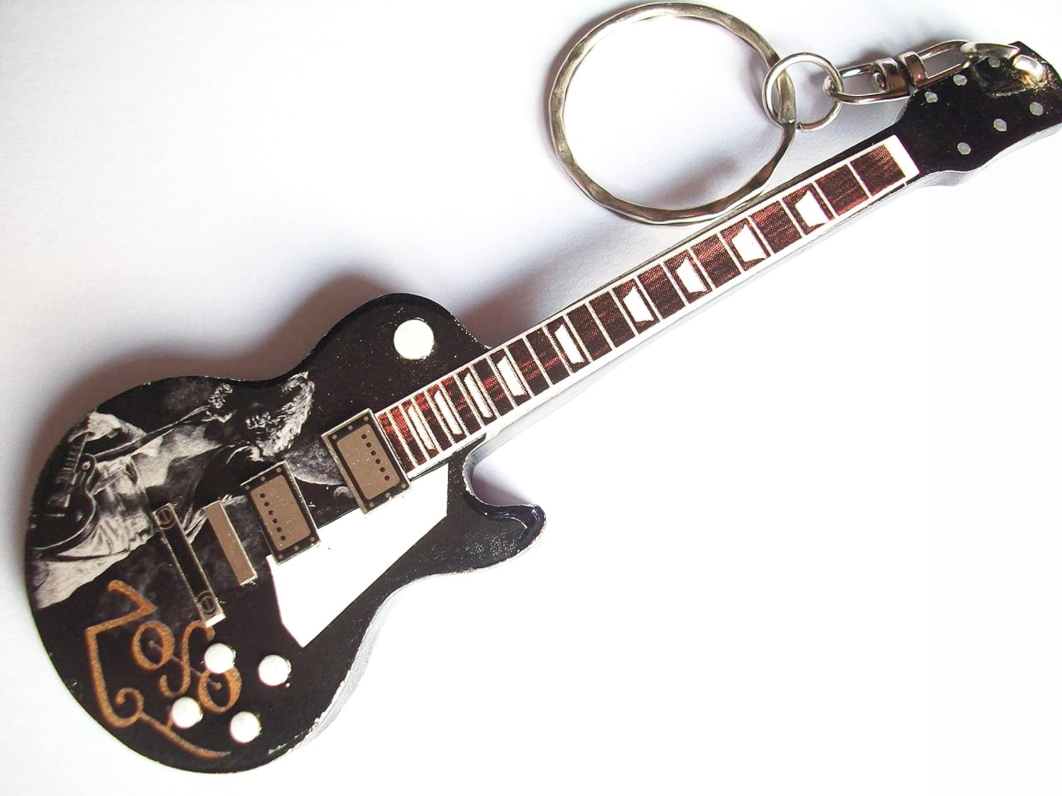 Wooden Guitar Keyring with Jimmy Page Playing Guitar and ZOSO Symbol, Black, One size