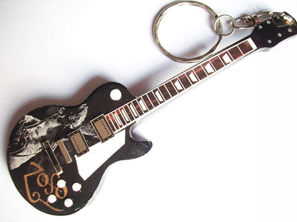 Wooden Guitar Keyring with Jimmy Page Playing Guitar and ZOSO Symbol, Black, One size